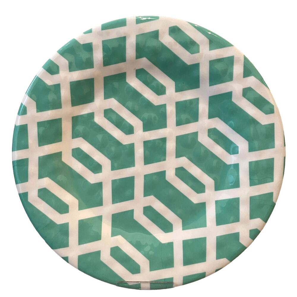 THE SPRING SHOP Melamine Dinner Plate Set of 4 Aqua & White Abstract Design NEW